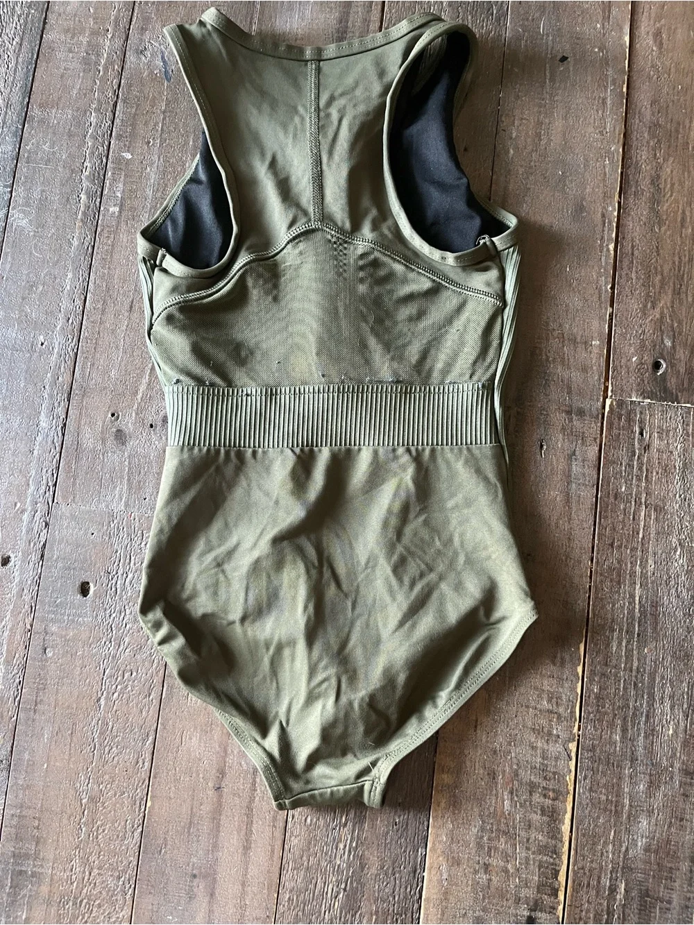 Olive Green Ribbed Zip-Front One-Piece Leotard